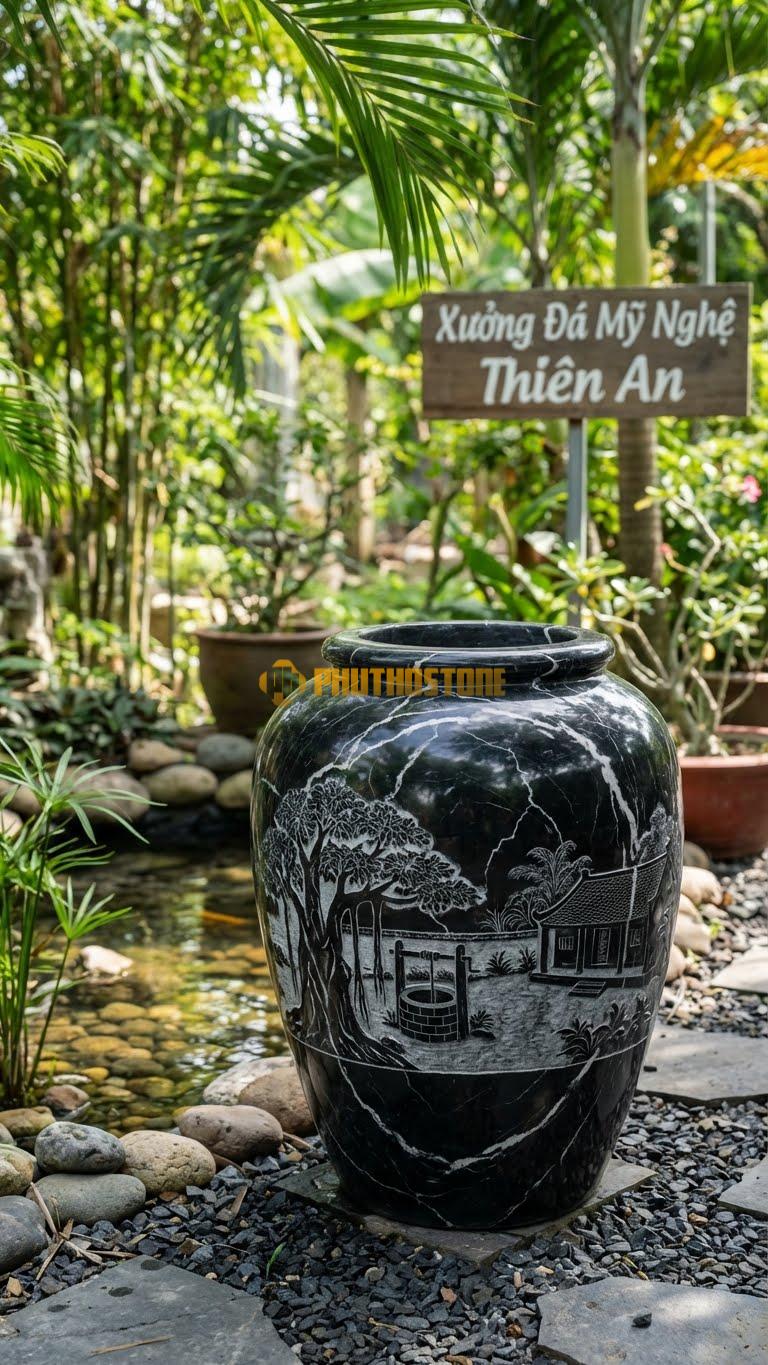 Vại “Làng Quê Việt Nam” Đá Đen Tia Chớp, Kích thước 60cm x 85cm, Hoa Văn Cảnh Cây Đa, Giếng Nước, Sân Đình Được Chạm Khắc Chân Thực, Mộc Mạc.