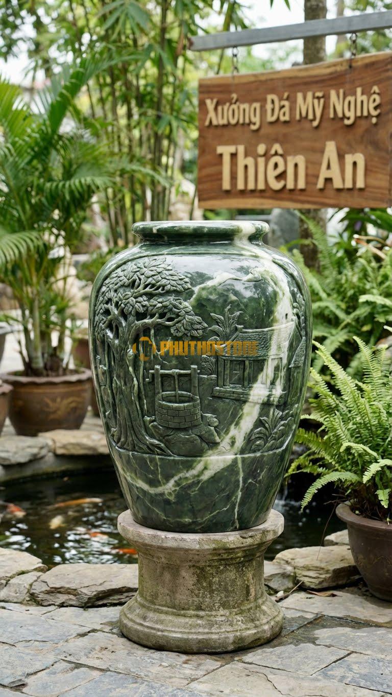 Vại “Làng Quê Việt Nam” Đá Serpentine, Kích thước 60cm x 85cm, Hoa Văn Cảnh Cây Đa, Giếng Nước, Sân Đình Được Chạm Khắc Chân Thực, Mộc Mạc.