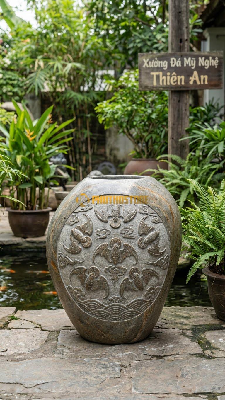 Vại “Ngũ Phúc Lâm Môn” Đá Cuội, Kích thước 65cm x 85cm, Hoa Văn 5 Con Dơi Ngậm Tiền Vàng, Tượng Trưng Cho 5 Loại Phúc Lành Vào Nhà.