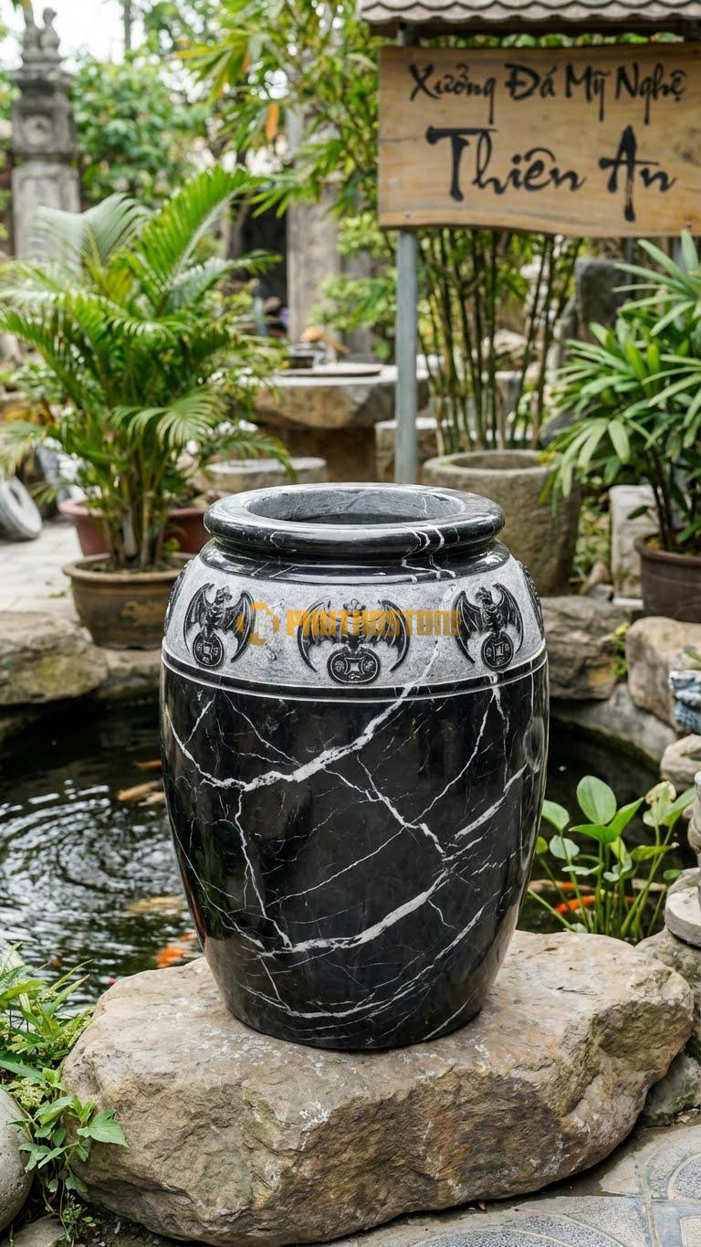 Vại “Ngũ Phúc Lâm Môn” Đá Đen Tia Chớp, Kích thước 65cm x 85cm, Hoa Văn 5 Con Dơi Ngậm Tiền Vàng, Tượng Trưng Cho 5 Loại Phúc Lành Vào Nhà.