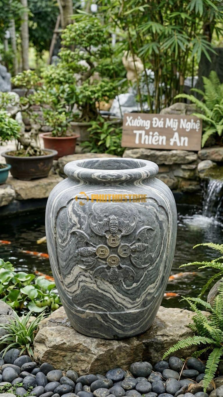 Vại “Ngũ Phúc Lâm Môn” Đá Vân Mây, Kích thước 65cm x 85cm, Hoa Văn 5 Con Dơi Ngậm Tiền Vàng, Tượng Trưng Cho 5 Loại Phúc Lành Vào Nhà.