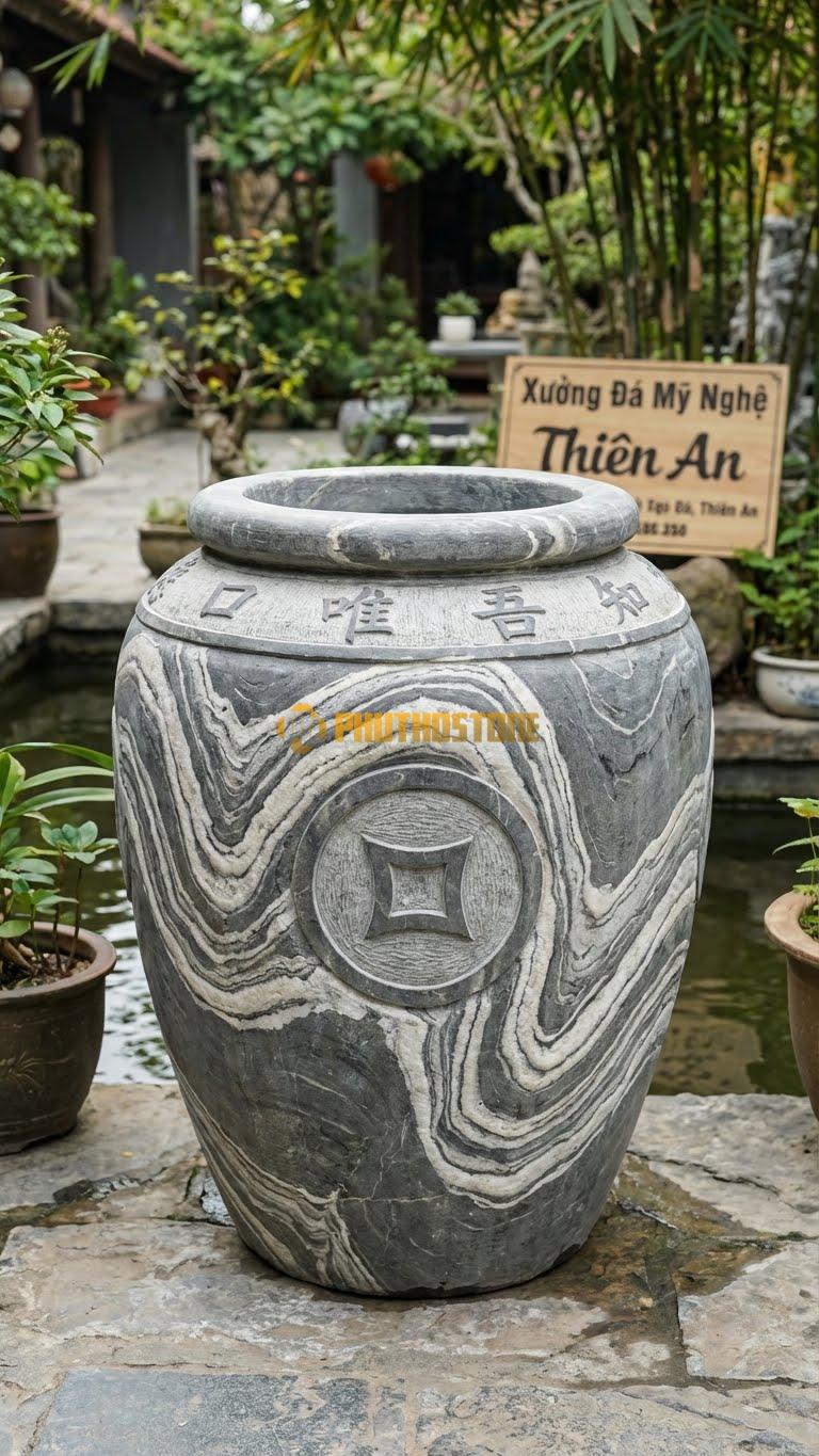 Vại Nước “Tiền Cổ” Đá Vân Mây, Kích thước 45cm x 65cm, Hoa Văn Lòng Vại Vuông, Khắc 4 Chữ Hán: Khẩu, Duy, Ngô, Tri Quanh Miệng.