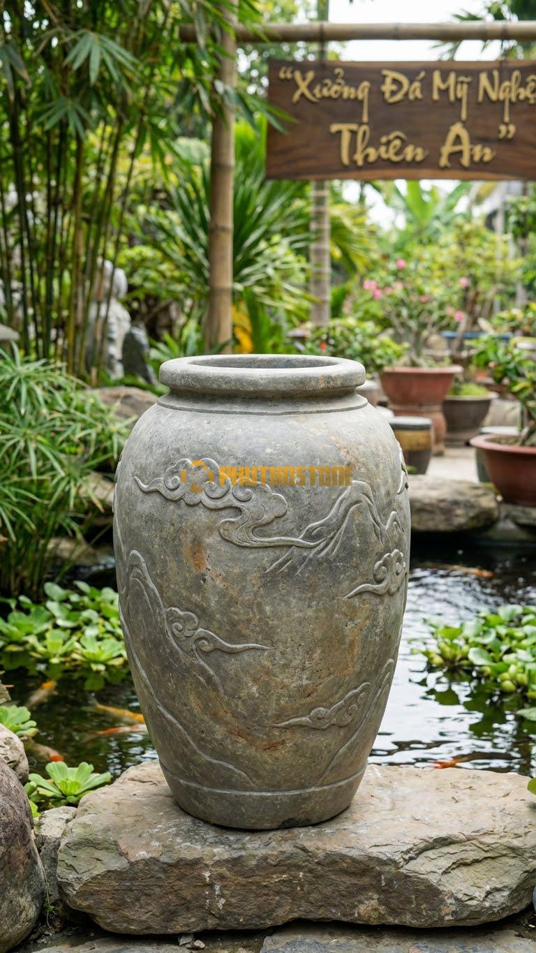 Vại “Sơn Thủy Mây Vờn” Đá Cuội, Kích thước 50cm x 100cm, Hoa Văn Họa Tiết Mây Tản Và Núi Mờ Ảo, Tạo Chiều Sâu Cho Bề Mặt Đá.