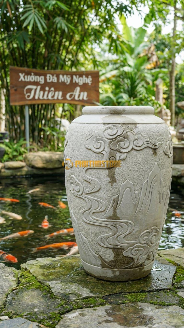 Vại “Sơn Thủy Mây Vờn” Đá Sa Thạch, Kích thước 50cm x 100cm, Hoa Văn Họa Tiết Mây Tản Và Núi Mờ Ảo, Tạo Chiều Sâu Cho Bề Mặt Đá.