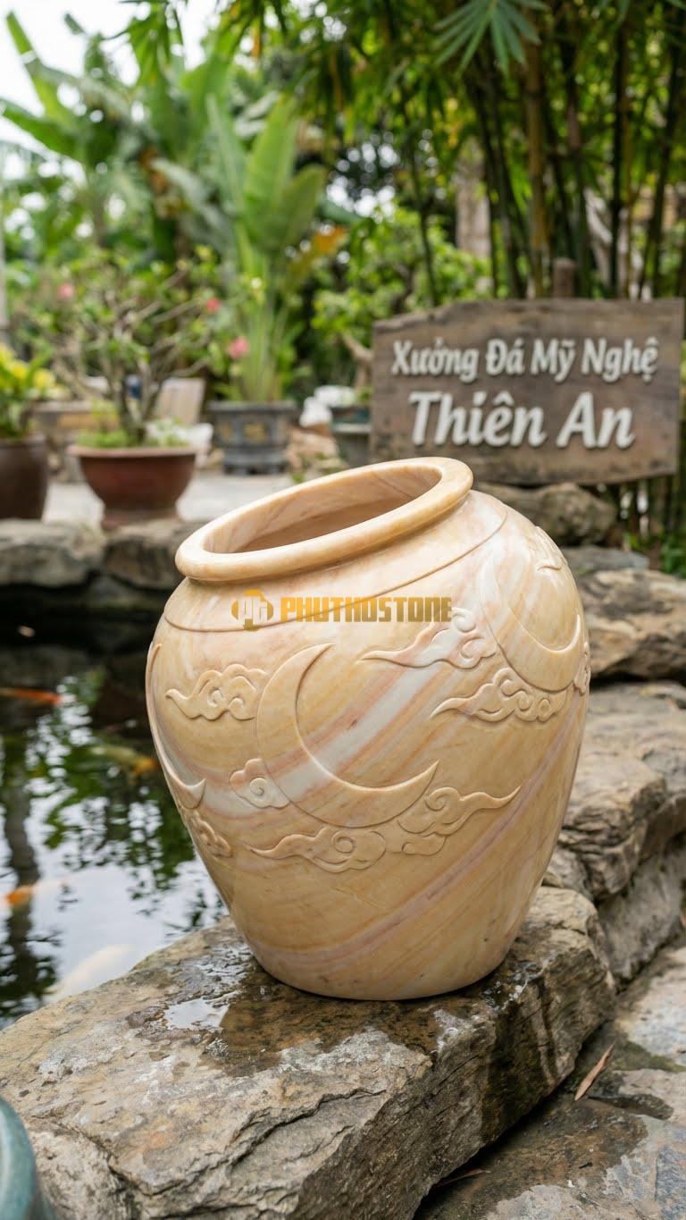 Vại “Trăng Khuyết” Đá Vàng Nghệ An, Kích thước 55cm x 70cm, Hoa Văn Miệng Vát Chéo, Thành Vại Chạm Nổi Hình Trăng Khuyết Và Mây Mờ.