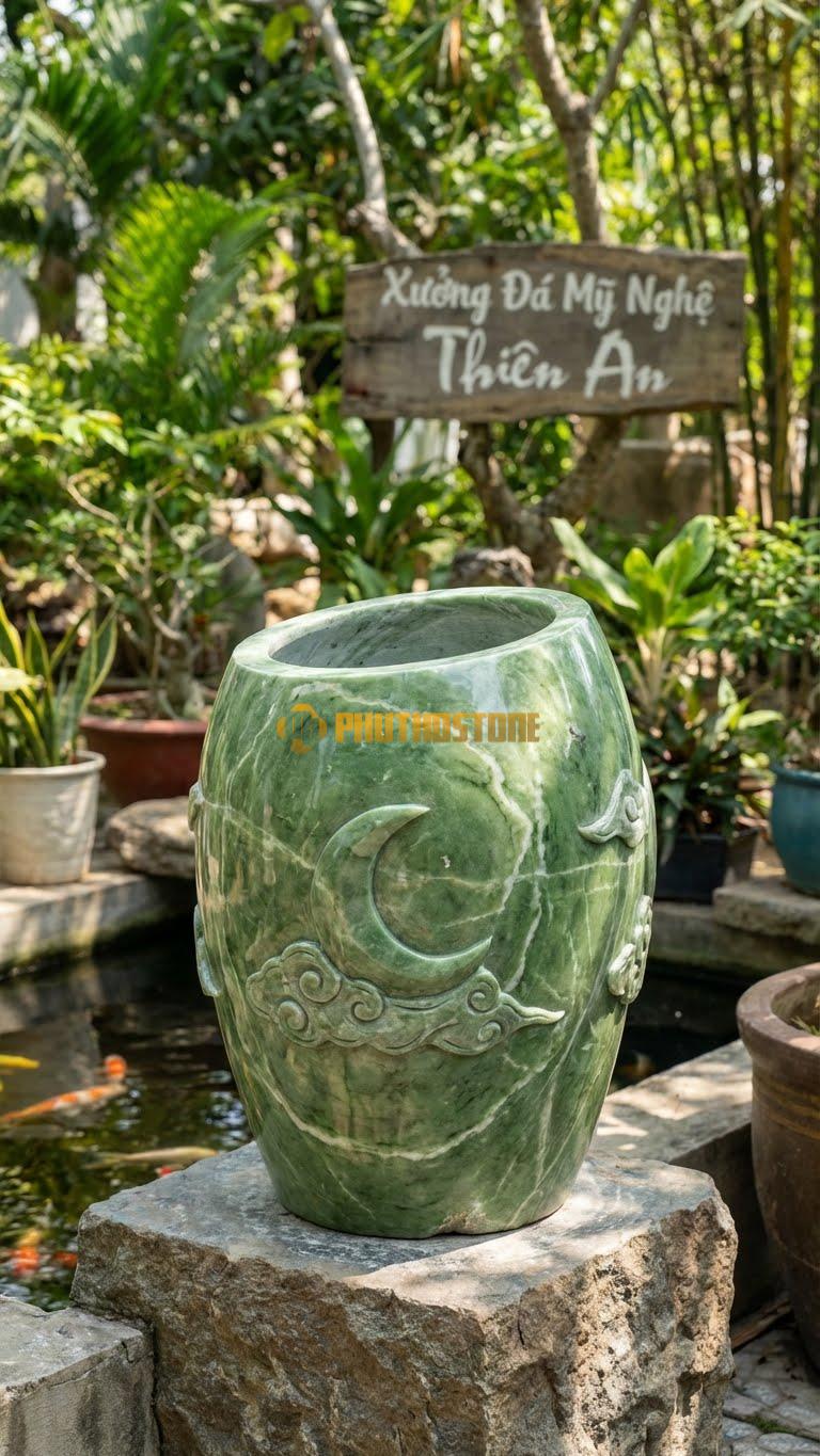 Vại “Trăng Khuyết” Đá Xanh Ấn, Kích thước 55cm x 70cm, Hoa Văn Miệng Vát Chéo, Thành Vại Chạm Nổi Hình Trăng Khuyết Và Mây Mờ.