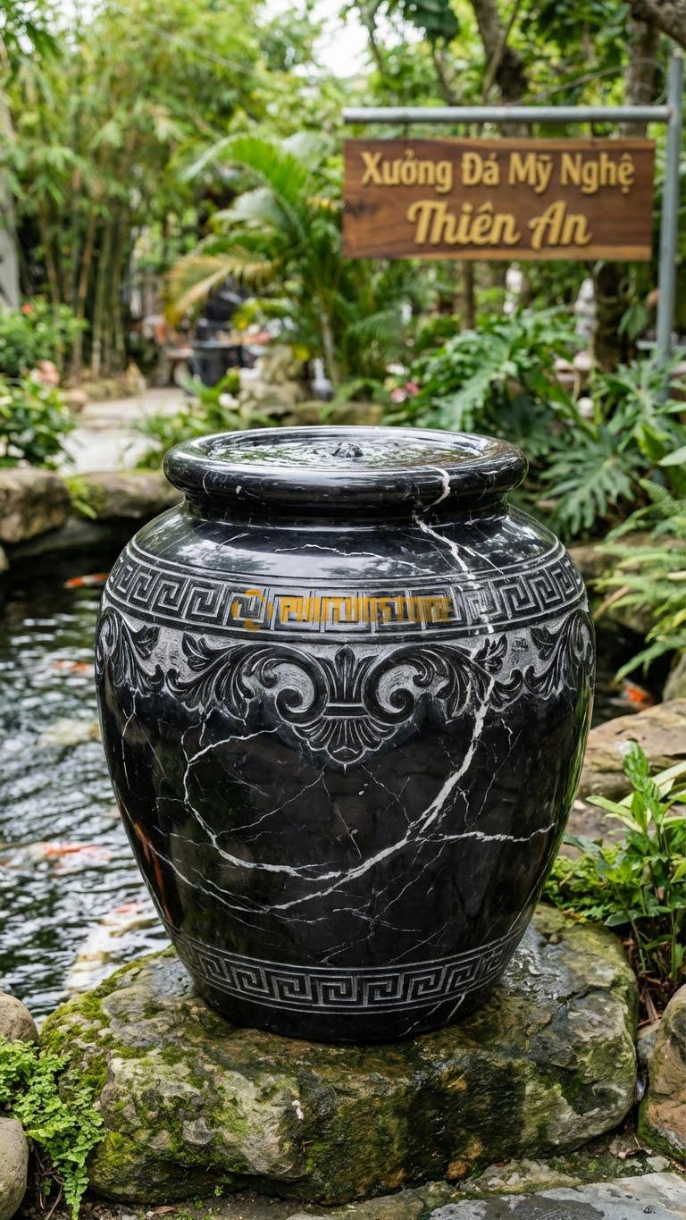 Vại “Triện Cổ & Lá Tây” Đá Đen Tia Chớp, Kích thước 70cm x 65cm, Hoa Văn Dải Triện Vuông Vức Kết Hợp Lá Tây (Acanthus) Phong Cách Tân Cổ Điển.