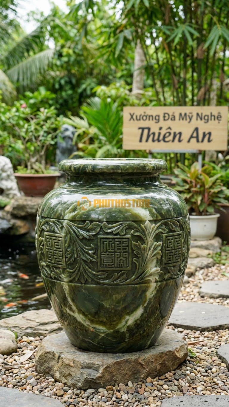 Vại “Triện Cổ & Lá Tây” Đá Serpentine, Kích thước 70cm x 65cm, Hoa Văn Dải Triện Vuông Vức Kết Hợp Lá Tây (Acanthus) Phong Cách Tân Cổ Điển.