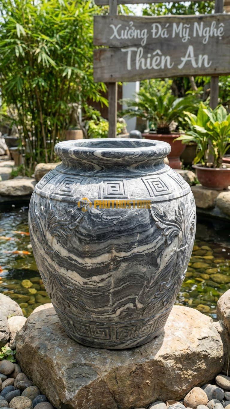 Vại “Triện Cổ & Lá Tây” Đá Vân Mây, Kích thước 70cm x 65cm, Hoa Văn Dải Triện Vuông Vức Kết Hợp Lá Tây (Acanthus) Phong Cách Tân Cổ Điển.