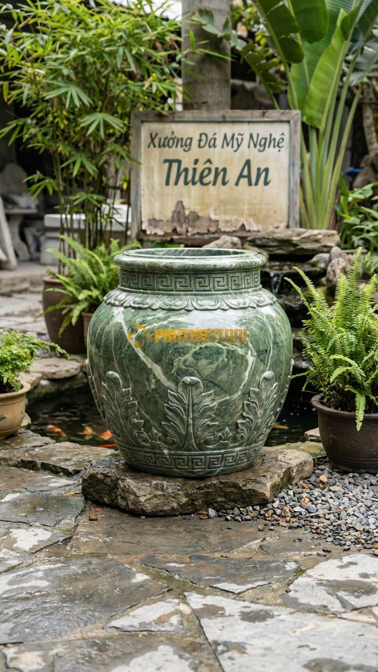Vại “Triện Cổ & Lá Tây” Đá Xanh Ấn, Kích thước 70cm x 65cm, Hoa Văn Dải Triện Vuông Vức Kết Hợp Lá Tây (Acanthus) Phong Cách Tân Cổ Điển.