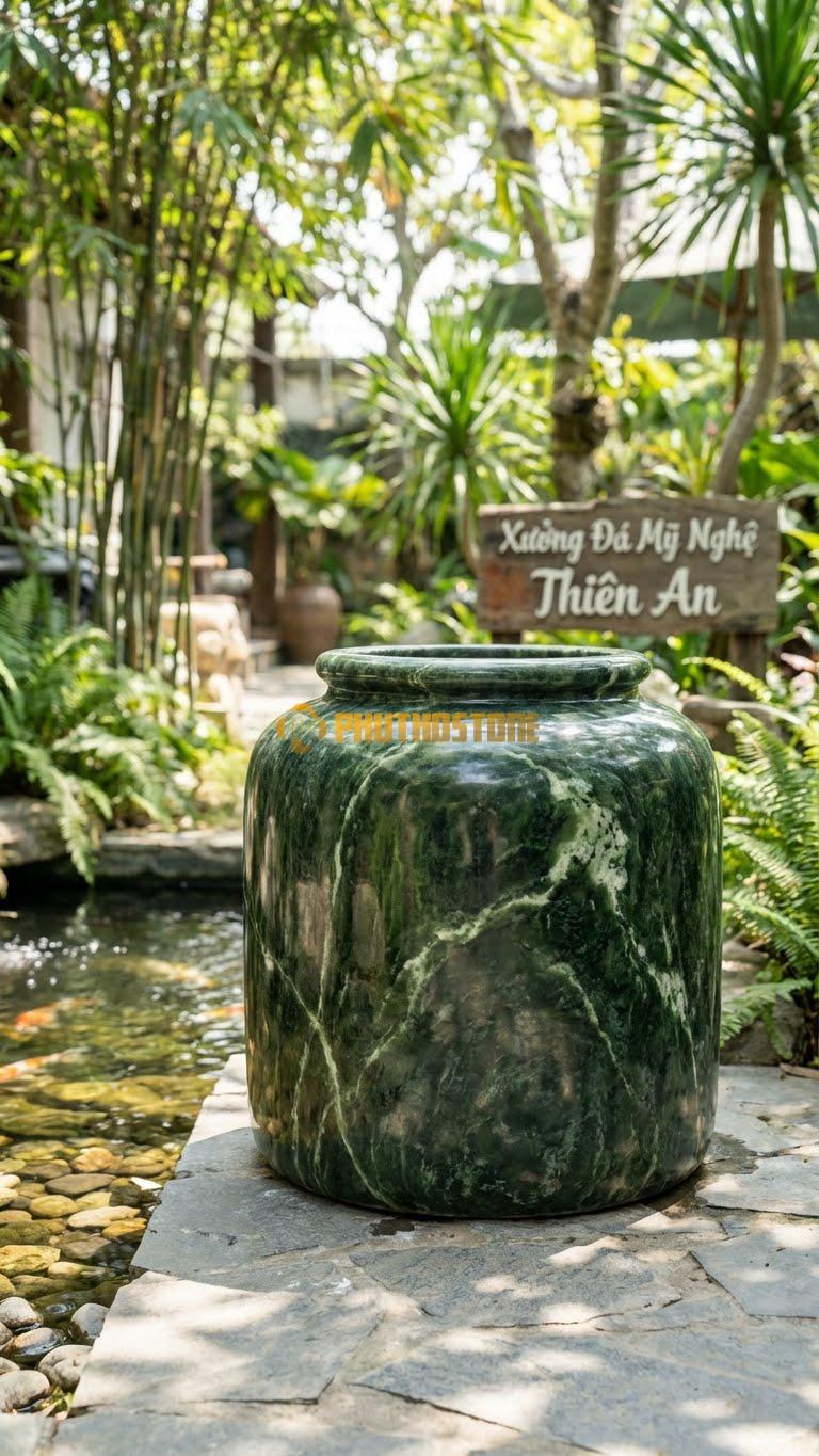 Vại “Trụ Tròn Mài Thô” Đá Serpentine, Kích thước 60cm x 60cm, Hoa Văn Dáng Hình Trụ Hoàn Hảo, Bề Mặt Đánh Nhám Li Ti Tạo Cảm Giác Mộc Mạc.
