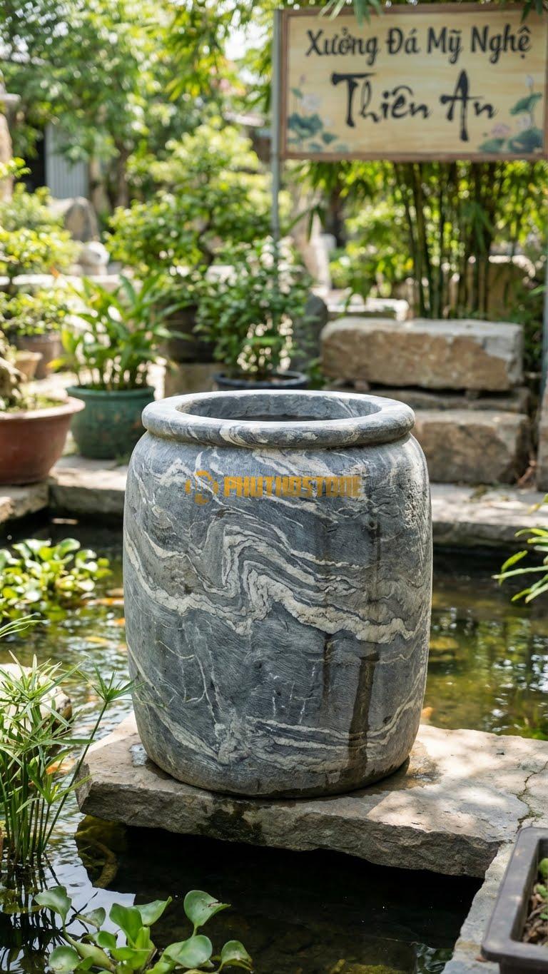 Vại “Trụ Tròn Mài Thô” Đá Vân Mây, Kích thước 60cm x 60cm, Hoa Văn Dáng Hình Trụ Hoàn Hảo, Bề Mặt Đánh Nhám Li Ti Tạo Cảm Giác Mộc Mạc.