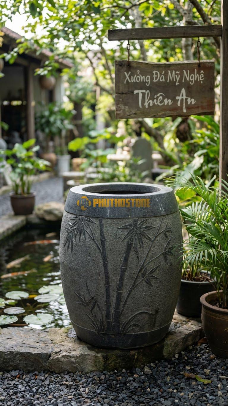 Vại “Trúc Lâm Quân Tử” Đá Granite, Kích thước 65cm x 75cm, Hoa Văn Những Bụi Trúc Thanh Mảnh Khắc Nổi Tinh Tế Bao Quanh Vòng Thân Vại.