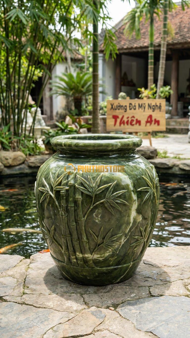 Vại “Trúc Lâm Quân Tử” Đá Serpentine, Kích thước 65cm x 75cm, Hoa Văn Những Bụi Trúc Thanh Mảnh Khắc Nổi Tinh Tế Bao Quanh Vòng Thân Vại.