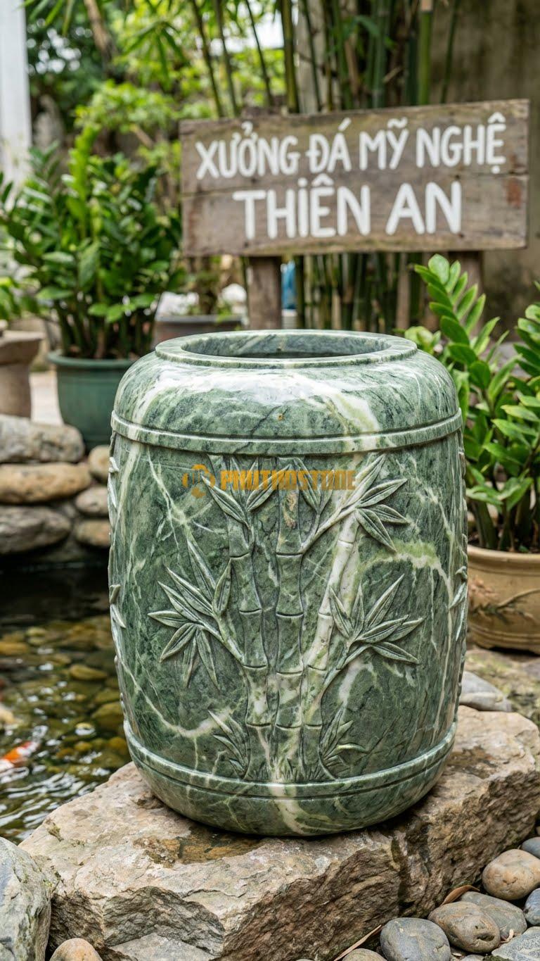 Vại “Trúc Lâm Quân Tử” Đá Xanh Ấn, Kích thước 65cm x 75cm, Hoa Văn Những Bụi Trúc Thanh Mảnh Khắc Nổi Tinh Tế Bao Quanh Vòng Thân Vại.
