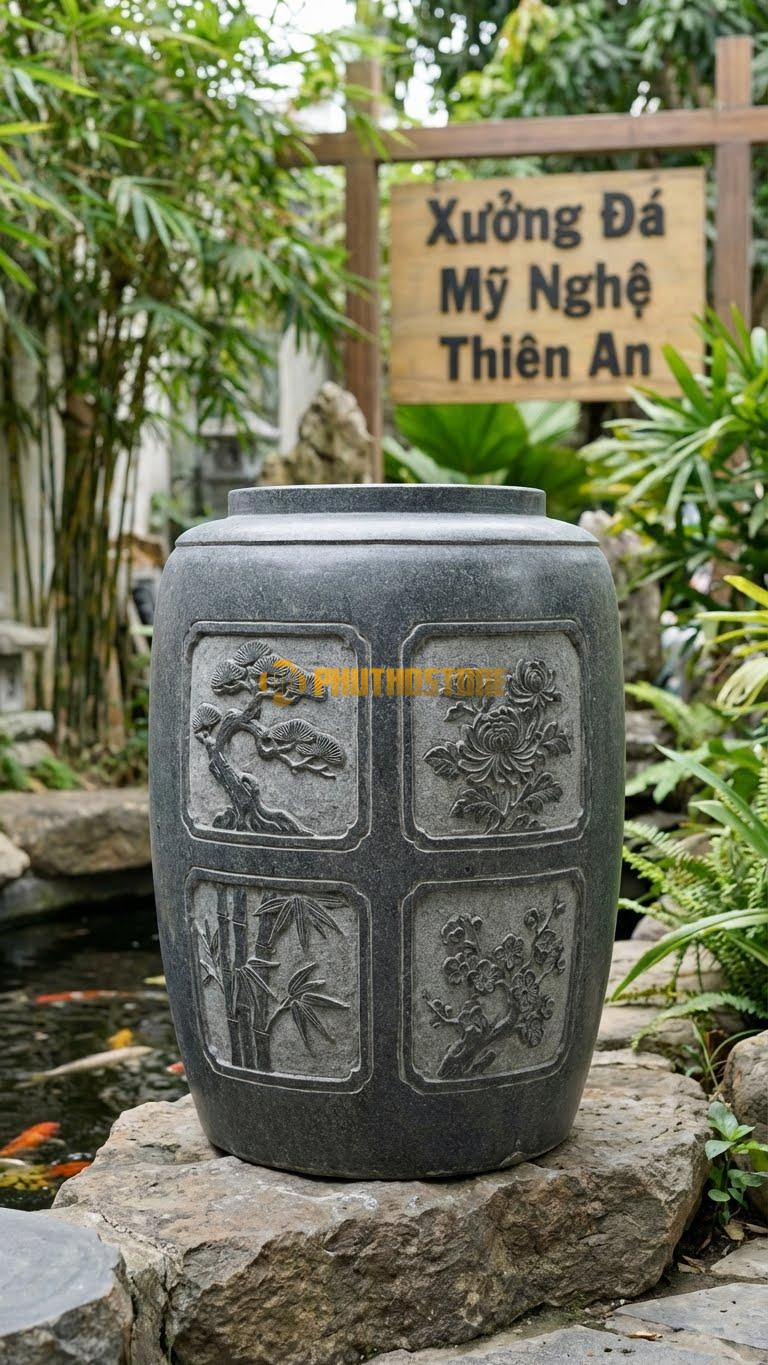 Vại “Tứ Quý Bình An” Đá Granite, Kích thước 60cm x 80cm, Hoa Văn 4 Khung Tranh Tùng – Cúc – Trúc – Mai Tượng Trưng Cho 4 Mùa.