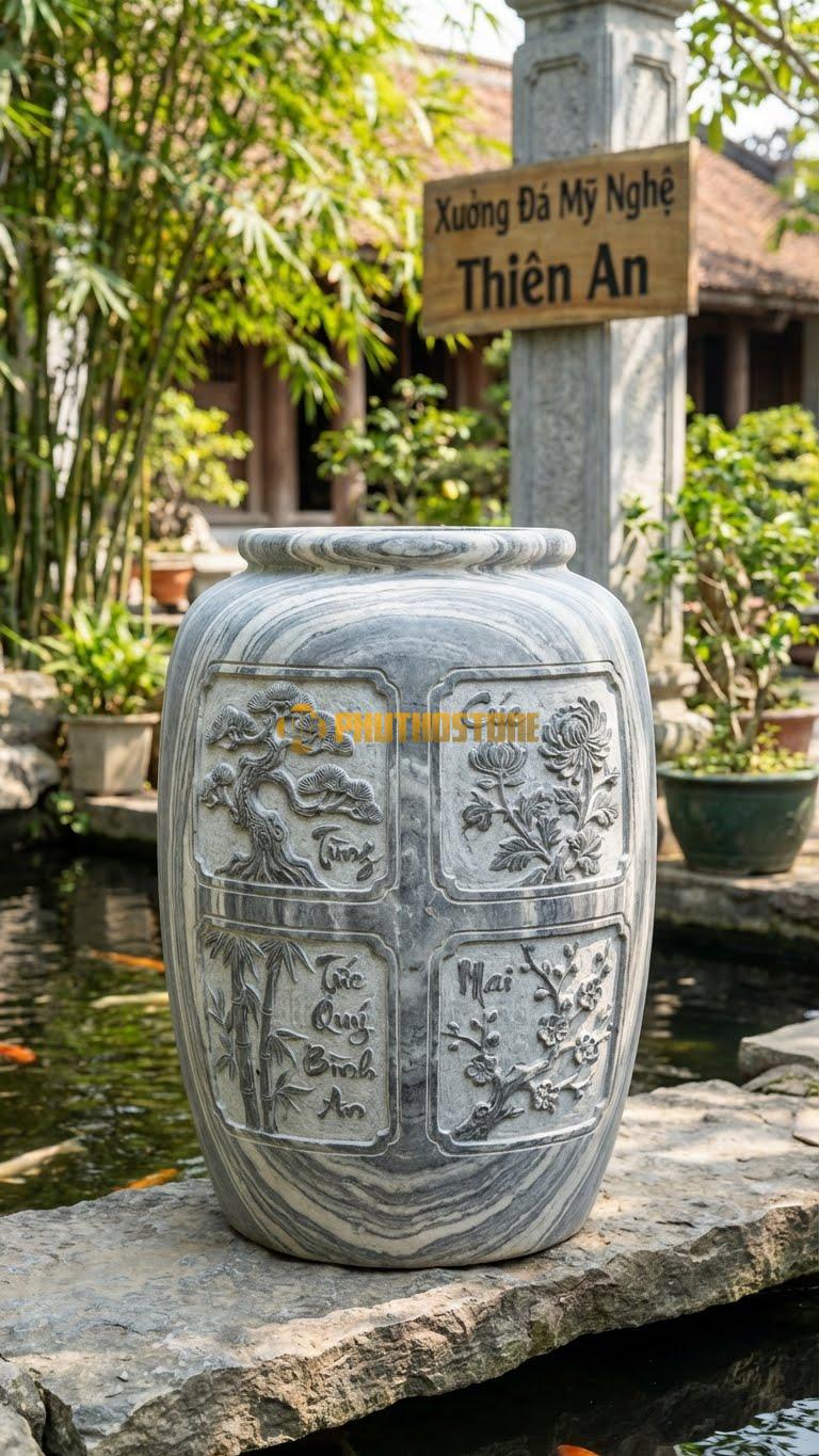 Vại “Tứ Quý Bình An” Đá Vân Mây, Kích thước 60cm x 80cm, Hoa Văn 4 Khung Tranh Tùng – Cúc – Trúc – Mai Tượng Trưng Cho 4 Mùa.
