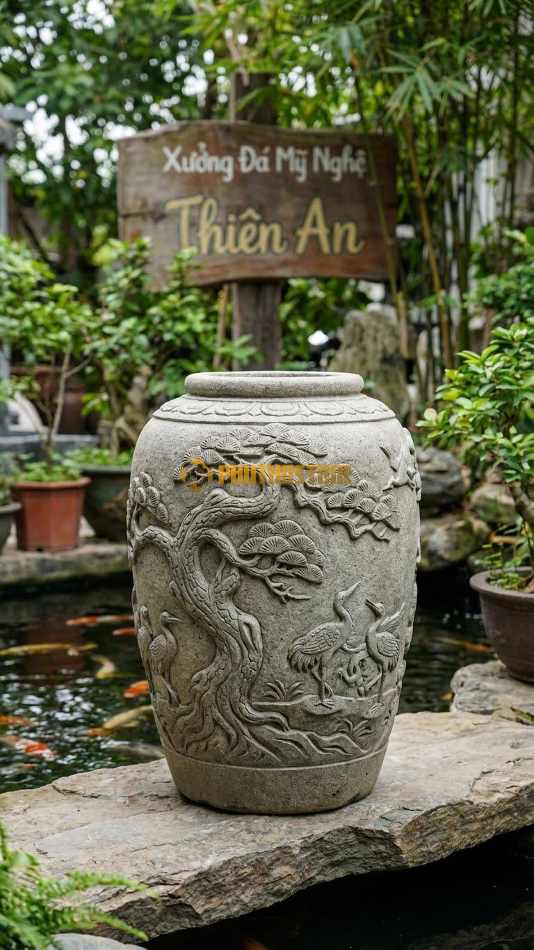 Vại “Tùng Hạc Diên Niên” Đá Granite, Kích thước 60cm x 90cm, Hoa Văn Cảnh Cây Tùng Già Và Đàn Chim Hạc Tượng Trưng Cho Sự Trường Thọ.