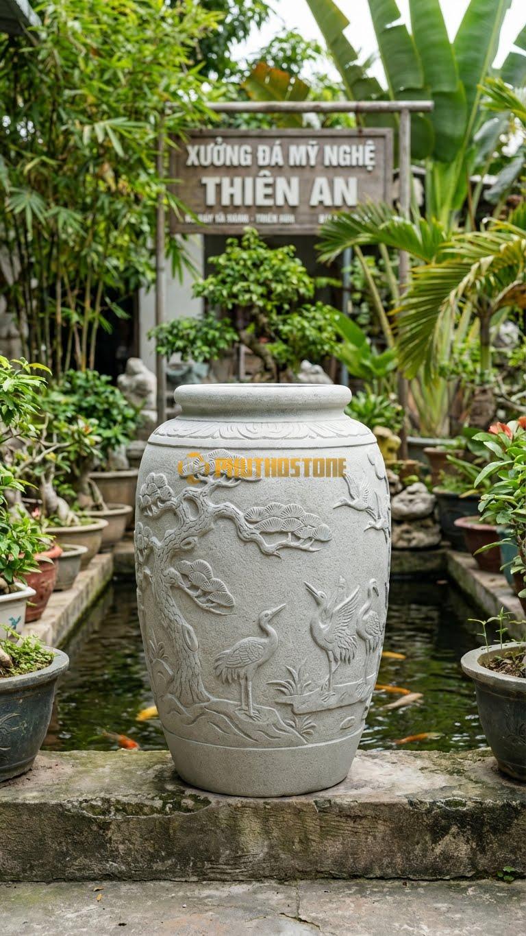 Vại “Tùng Hạc Diên Niên” Đá Sa Thạch, Kích thước 60cm x 90cm, Hoa Văn Cảnh Cây Tùng Già Và Đàn Chim Hạc Tượng Trưng Cho Sự Trường Thọ.
