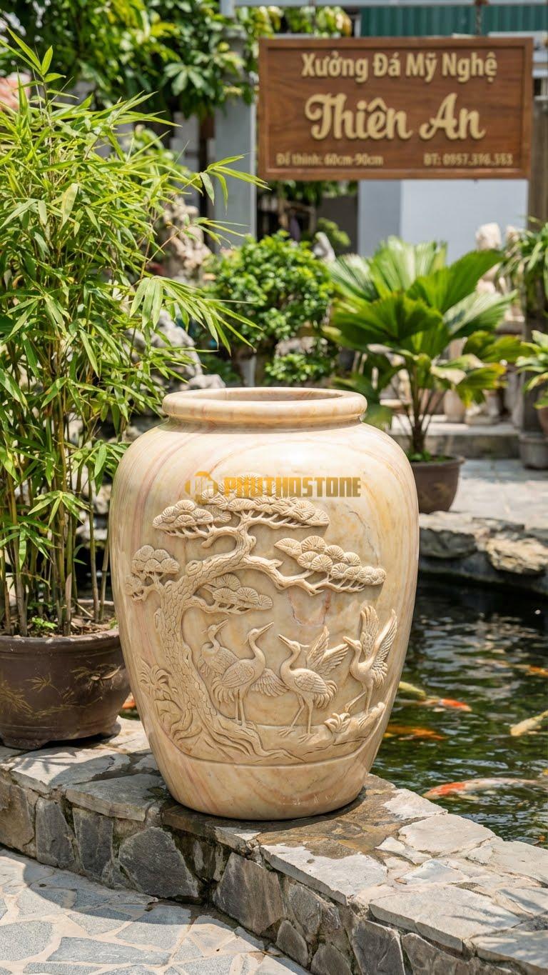 Vại “Tùng Hạc Diên Niên” Đá Vàng Nghệ An, Kích thước 60cm x 90cm, Hoa Văn Cảnh Cây Tùng Già Và Đàn Chim Hạc Tượng Trưng Cho Sự Trường Thọ.