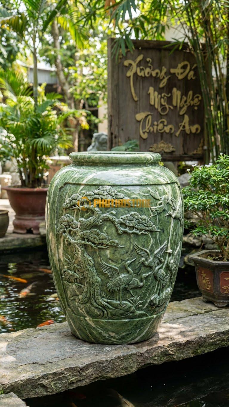 Vại “Tùng Hạc Diên Niên” Đá Xanh Ấn, Kích thước 60cm x 90cm, Hoa Văn Cảnh Cây Tùng Già Và Đàn Chim Hạc Tượng Trưng Cho Sự Trường Thọ.