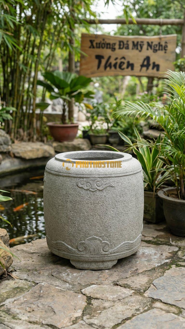 Vại “Tuyết Kiến” Đá Granite, Kích thước 50cm x 75cm, Hoa Văn Dáng Thấp, Miệng Rộng, Phần Chân Đế Vững Chãi Như Đèn Đá Yukimi.