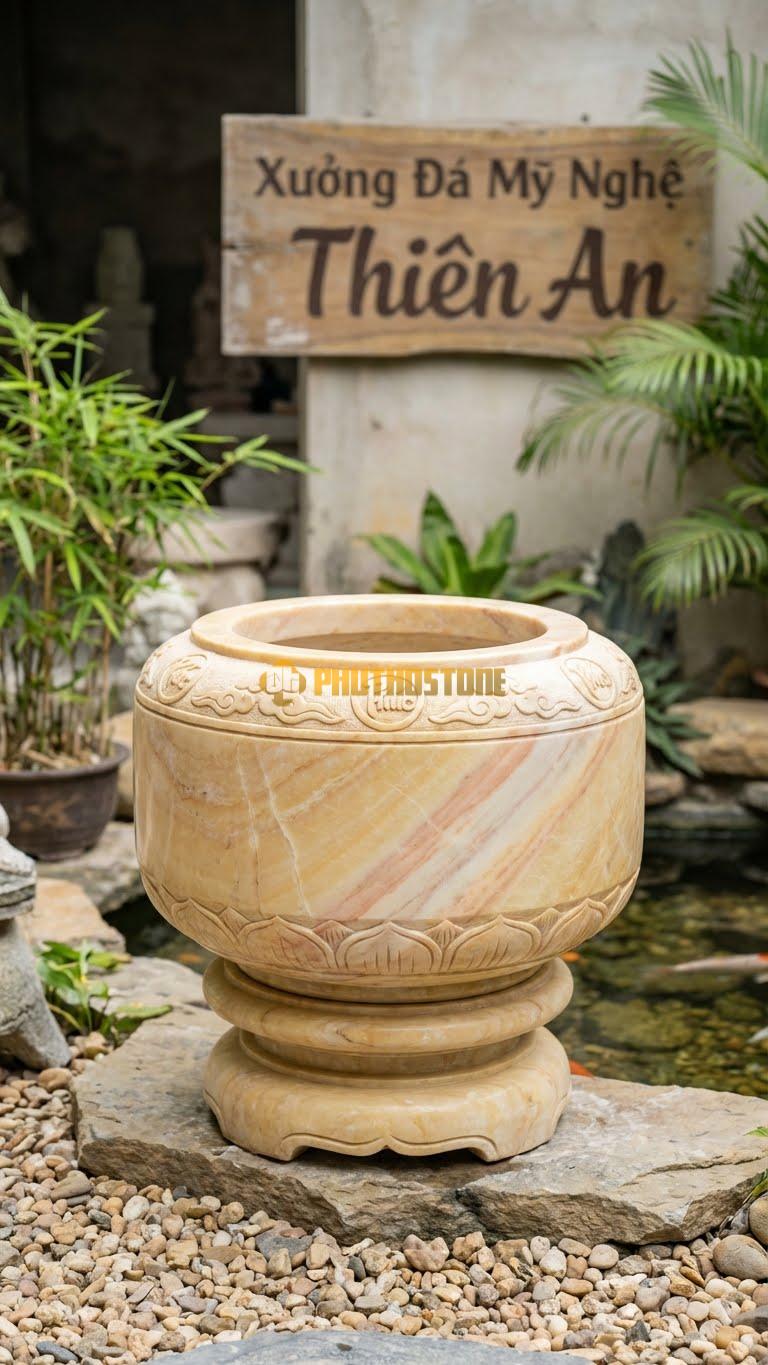 Vại “Tuyết Kiến” Đá Vàng Nghệ An, Kích thước 50cm x 75cm, Hoa Văn Dáng Thấp, Miệng Rộng, Phần Chân Đế Vững Chãi Như Đèn Đá Yukimi.