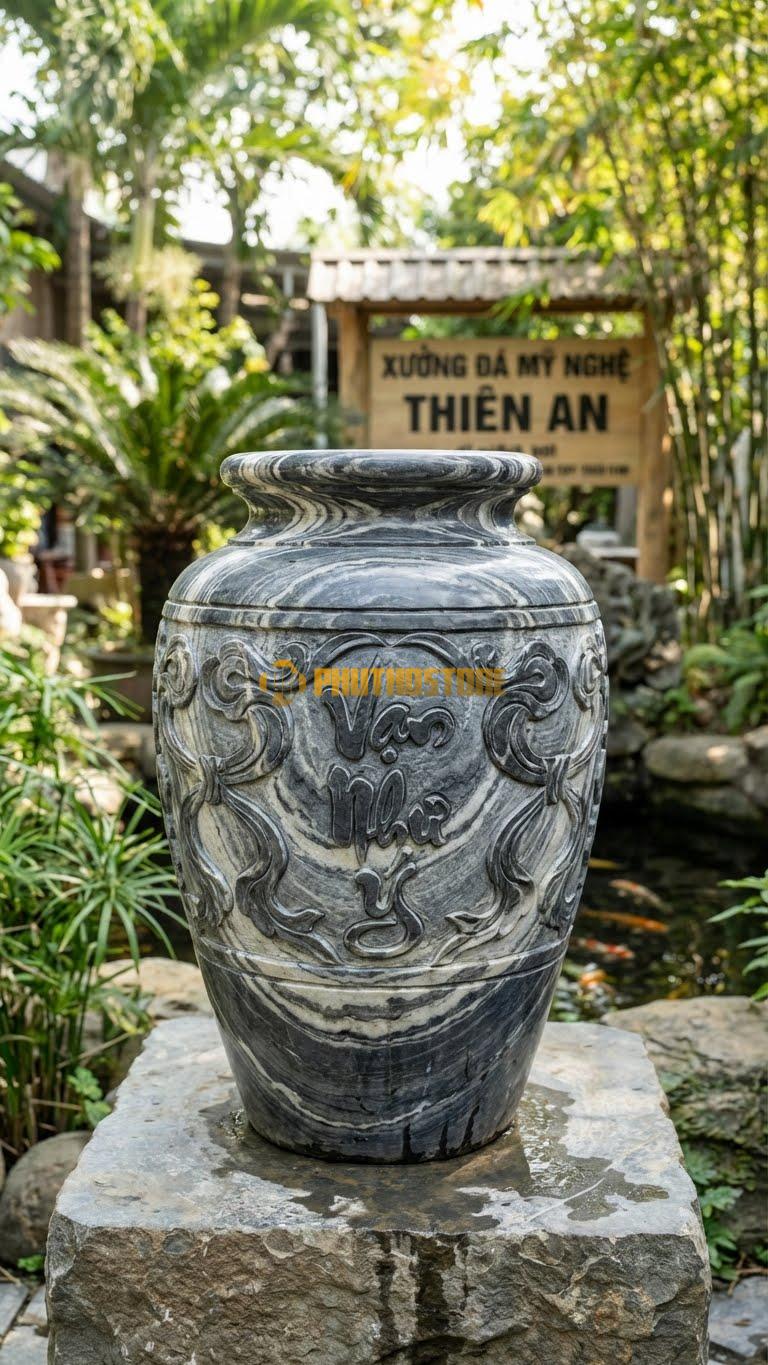 Vại “Vạn Sự Như Ý” Đá Vân Mây, Kích thước 50cm x 85cm, Hoa Văn Kết Hợp Hoa Văn Gậy Như Ý Và Dải Lụa Mềm Mại Dọc Theo Đường Kính.