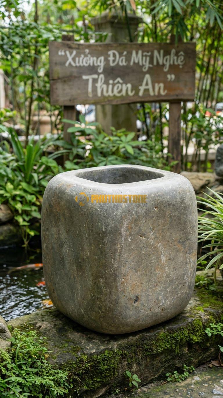 Vại “Vuông Tối Giản” Đá Cuội, Kích thước 40cm x 60cm, Hoa Văn Dáng Khối Vuông Vững Chãi, Bề Mặt Mài Mờ, Không Hoa Văn , Nhấn Vào Hình Khối.