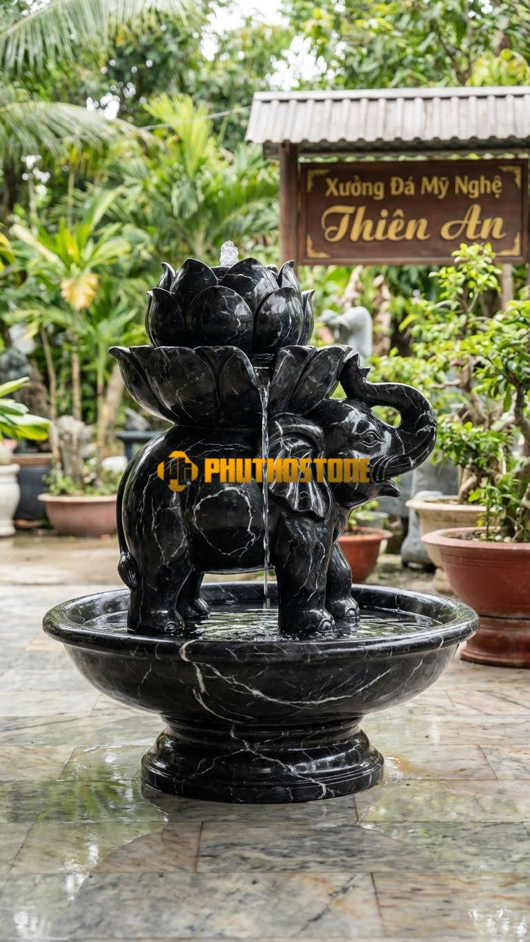 Voi Đá Cõng Đài Sen Phun Nước D1.2m x C1.8M. Chất Liệu Đá Đen Tia Chớp