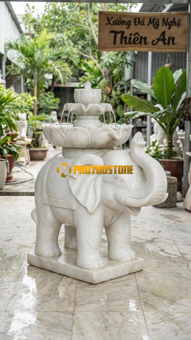 Voi Đá Cõng Đài Sen Phun Nước D1.2m x C1.8M. Chất Liệu Đá Trắng Muối