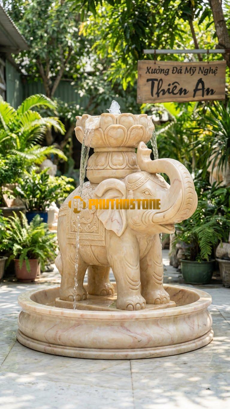 Voi Đá Cõng Đài Sen Phun Nước D1.2m x C1.8M. Chất Liệu Đá Vàng Nghệ An