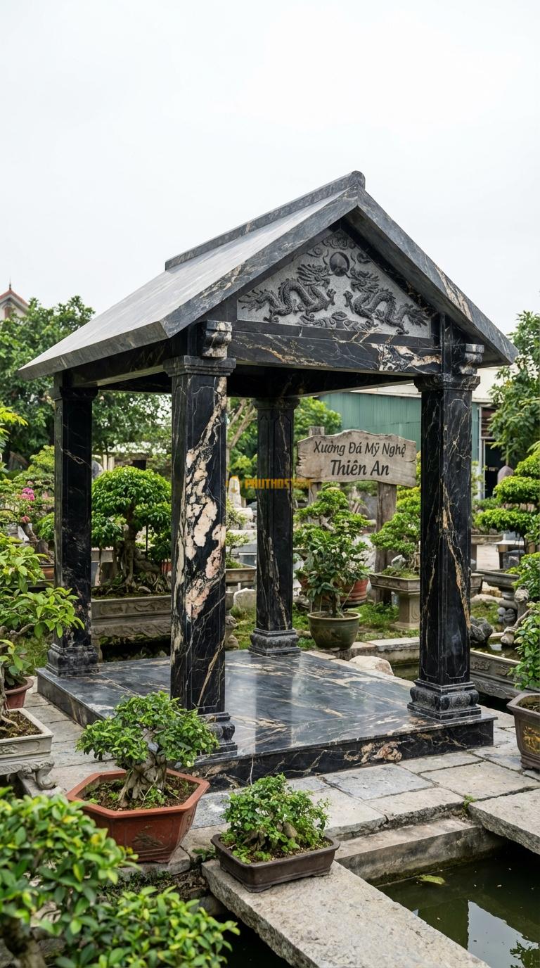 Vọng Lâu (Chữ Nhật) Đá Da Báo Nhà Bia: Dùng để che bia đá/rùa đá. Hoa văn lưỡng long chầu nguyệt trên trán bia. 2m00 x 3m00 (Chữ nhật)