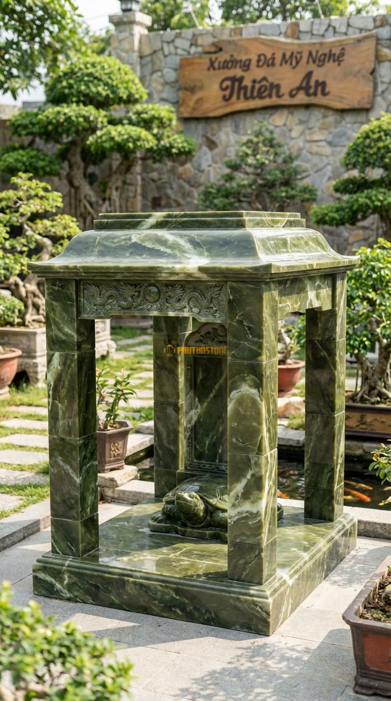 Vọng Lâu (Chữ Nhật) Đá Serpentine Nhà Bia: Dùng để che bia đá/rùa đá. Hoa văn lưỡng long chầu nguyệt trên trán bia. 2m00 x 3m00 (Chữ nhật)