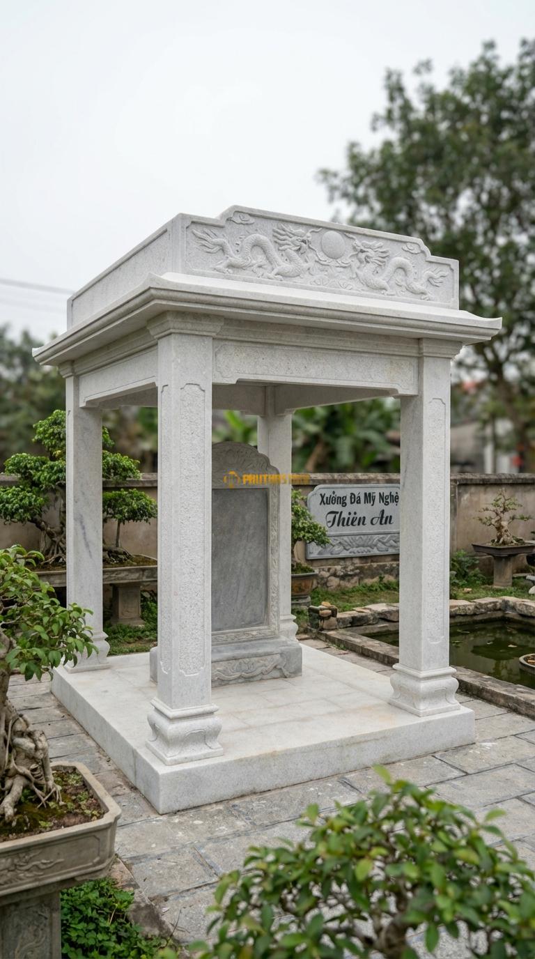 Vọng Lâu (Chữ Nhật) Đá Trắng Muối Nhà Bia: Dùng để che bia đá/rùa đá. Hoa văn lưỡng long chầu nguyệt trên trán bia. 2m00 x 3m00 (Chữ nhật)