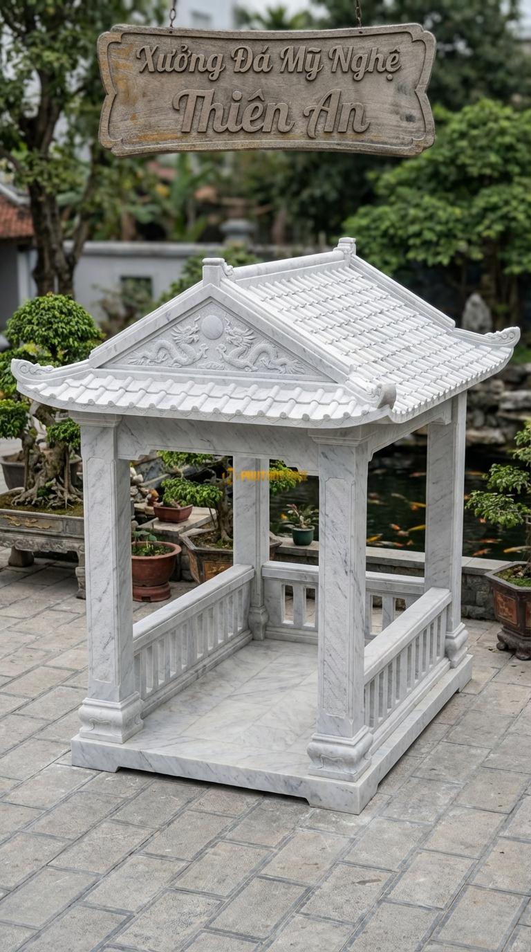 Vọng Lâu (Chữ Nhật) Đá Trắng Yên Bái Nhà Bia: Dùng để che bia đá/rùa đá. Hoa văn lưỡng long chầu nguyệt trên trán bia. 2m00 x 3m00 (Chữ nhật)