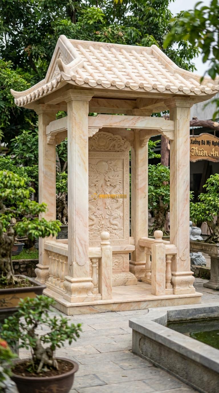 Vọng Lâu (Chữ Nhật) Đá Vàng Nghệ An Nhà Bia: Dùng để che bia đá/rùa đá. Hoa văn lưỡng long chầu nguyệt trên trán bia. 2m00 x 3m00 (Chữ nhật)