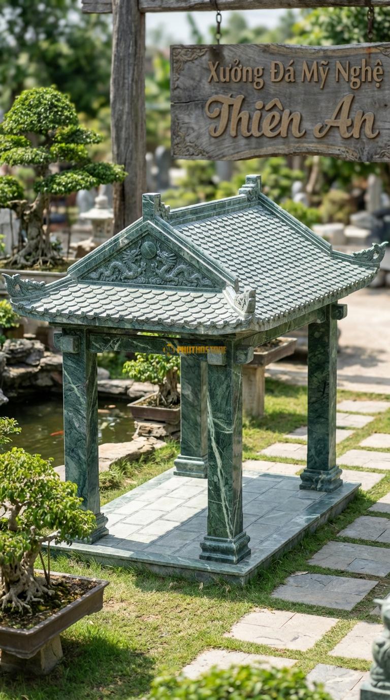 Vọng Lâu (Chữ Nhật) Đá Xanh Ấn Nhà Bia: Dùng để che bia đá/rùa đá. Hoa văn lưỡng long chầu nguyệt trên trán bia. 2m00 x 3m00 (Chữ nhật)