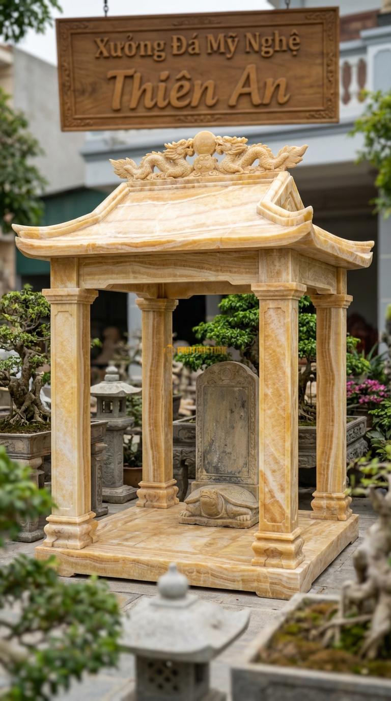 Vọng Lâu (Chữ Nhật) Ngọc hoàng long Nhà Bia: Dùng để che bia đá/rùa đá. Hoa văn lưỡng long chầu nguyệt trên trán bia. 2m00 x 3m00 (Chữ nhật)