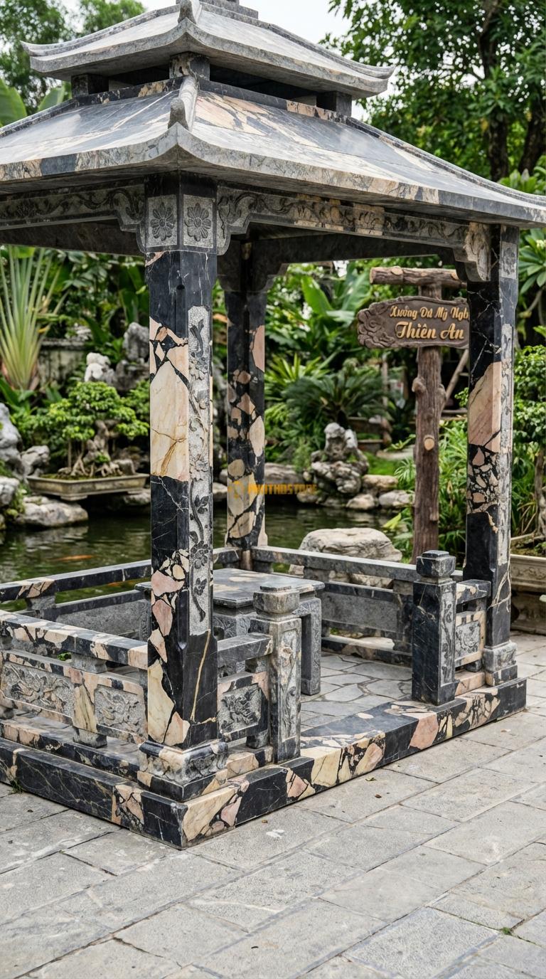 Vọng Lâu (Tứ giác) Đá Da Báo Chòi Thơ: 4 cột vuông, lan can thấp, thích hợp đặt bàn trà vuông. Hoa văn Cúc dây. Vuông 2m50 x 2m50