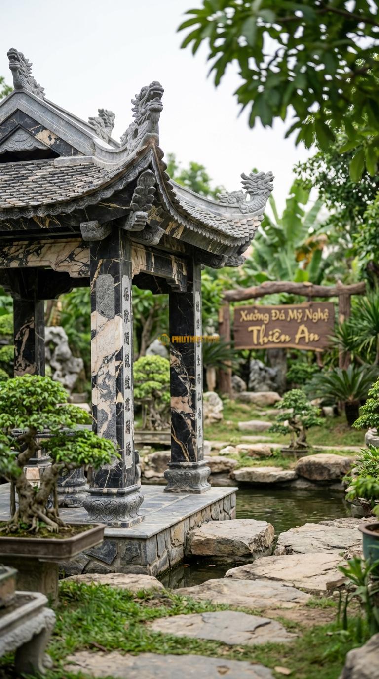 Vọng Lâu (Tứ giác) Đá Da Báo Mái Đao Rồng: 4 góc mái cong vút hình đầu rồng, cột chạm câu đối. Vuông 3m00 x 3m00