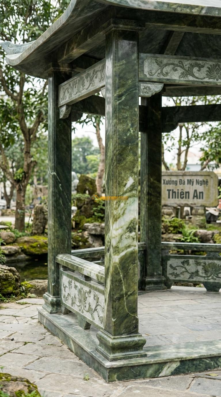 Vọng Lâu (Tứ giác) Đá Serpentine Chòi Thơ: 4 cột vuông, lan can thấp, thích hợp đặt bàn trà vuông. Hoa văn Cúc dây. Vuông 2m50 x 2m50