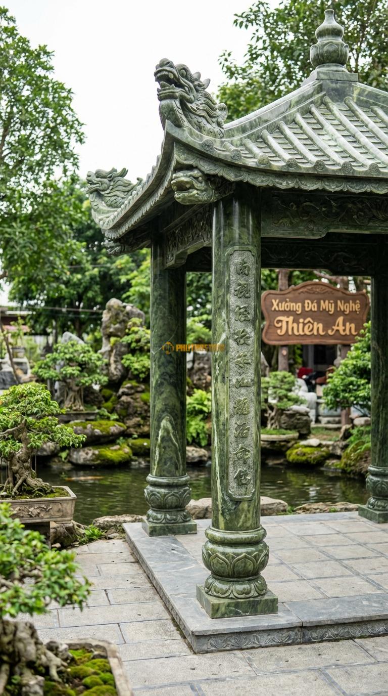 Vọng Lâu (Tứ giác) Đá Serpentine Mái Đao Rồng: 4 góc mái cong vút hình đầu rồng, cột chạm câu đối. Vuông 3m00 x 3m00