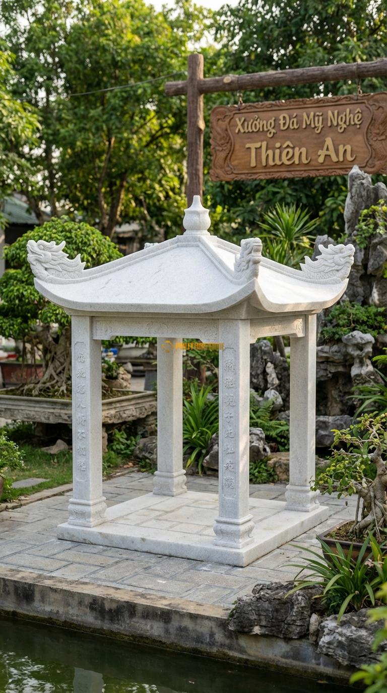 Vọng Lâu (Tứ giác) Đá Trắng Muối Mái Đao Rồng: 4 góc mái cong vút hình đầu rồng, cột chạm câu đối. Vuông 3m00 x 3m00