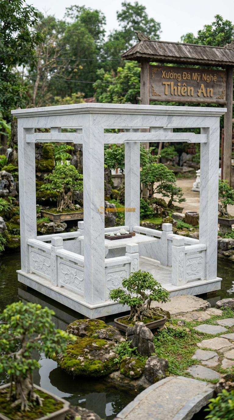 Vọng Lâu (Tứ giác) Đá Trắng Yên Bái Chòi Thơ: 4 cột vuông, lan can thấp, thích hợp đặt bàn trà vuông. Hoa văn Cúc dây. Vuông 2m50 x 2m50