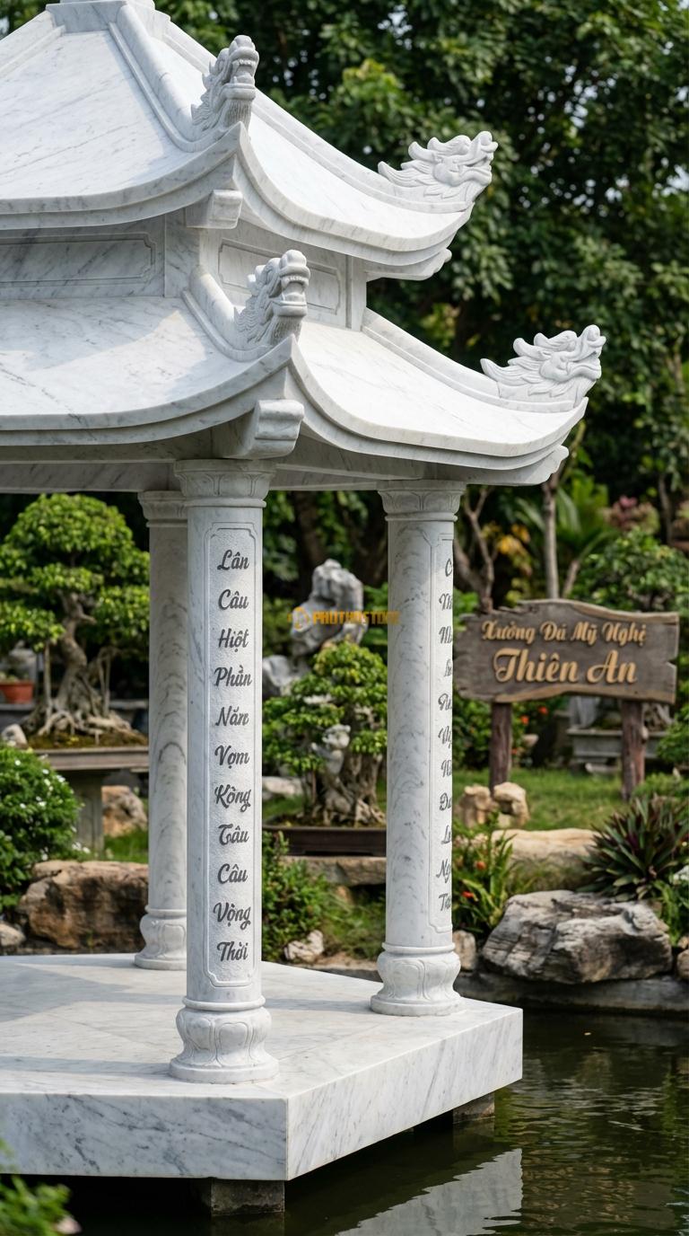 Vọng Lâu (Tứ giác) Đá Trắng Yên Bái Mái Đao Rồng: 4 góc mái cong vút hình đầu rồng, cột chạm câu đối. Vuông 3m00 x 3m00