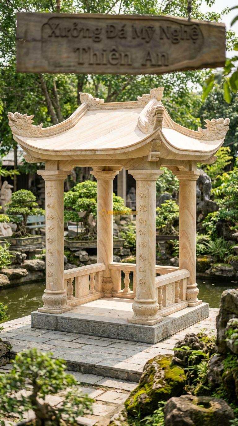 Vọng Lâu (Tứ giác) Đá Vàng Nghệ An Mái Đao Rồng: 4 góc mái cong vút hình đầu rồng, cột chạm câu đối. Vuông 3m00 x 3m00