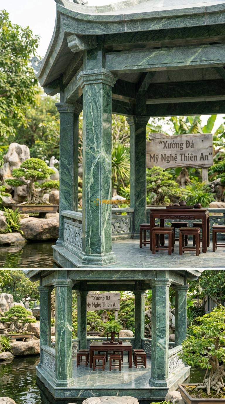 Vọng Lâu (Tứ giác) Đá Xanh Ấn Chòi Thơ: 4 cột vuông, lan can thấp, thích hợp đặt bàn trà vuông. Hoa văn Cúc dây. Vuông 2m50 x 2m50