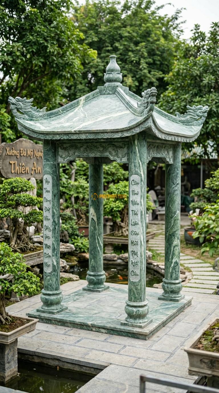 Vọng Lâu (Tứ giác) Đá Xanh Ấn Mái Đao Rồng: 4 góc mái cong vút hình đầu rồng, cột chạm câu đối. Vuông 3m00 x 3m00