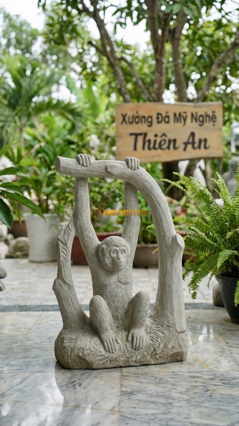 Vượn Tay Dài (Gibbon) Bằng Đá Sa Thạch, Kiểu Dáng Treo Mình Trên Cành. Kích Thước Cao 50cm.
